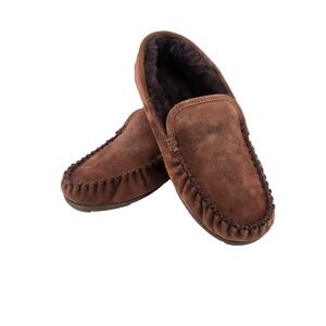 LL Bean Mens Wicked Good Slippers Moccasins Brown Suede Shearling 10 Wide 296508